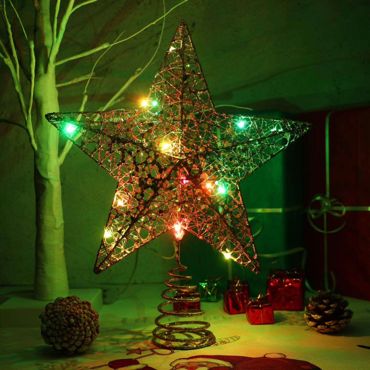 Christmas Tree Star Topper Lights,Xmas Tree Glittered Tree-top with Led Party Home Decor,Silver (Silver 1)