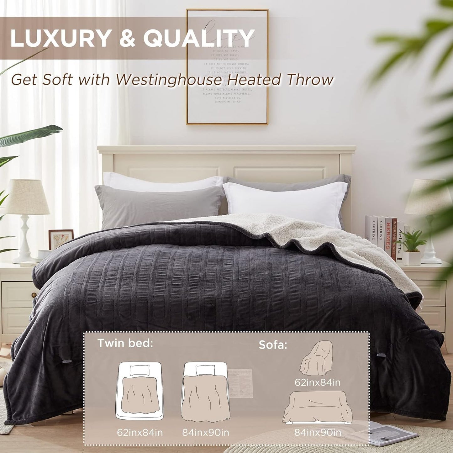 Westinghouse Heated Blanket King Size, Soft Flannel to Sherpa Electric Blanket with 10 Heating Levels, 1-12 Hours Auto Shut Off, Fast Heating, Machine Washable, 100x90 Inch, Charcoal