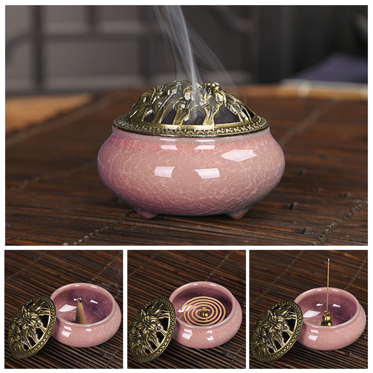 Ceramic Incense Burner with Calabash Incense Holder, 3 in 1 Stick or Cone Coil Incense Burner, Brass Lid for Yoga Spa Meditation