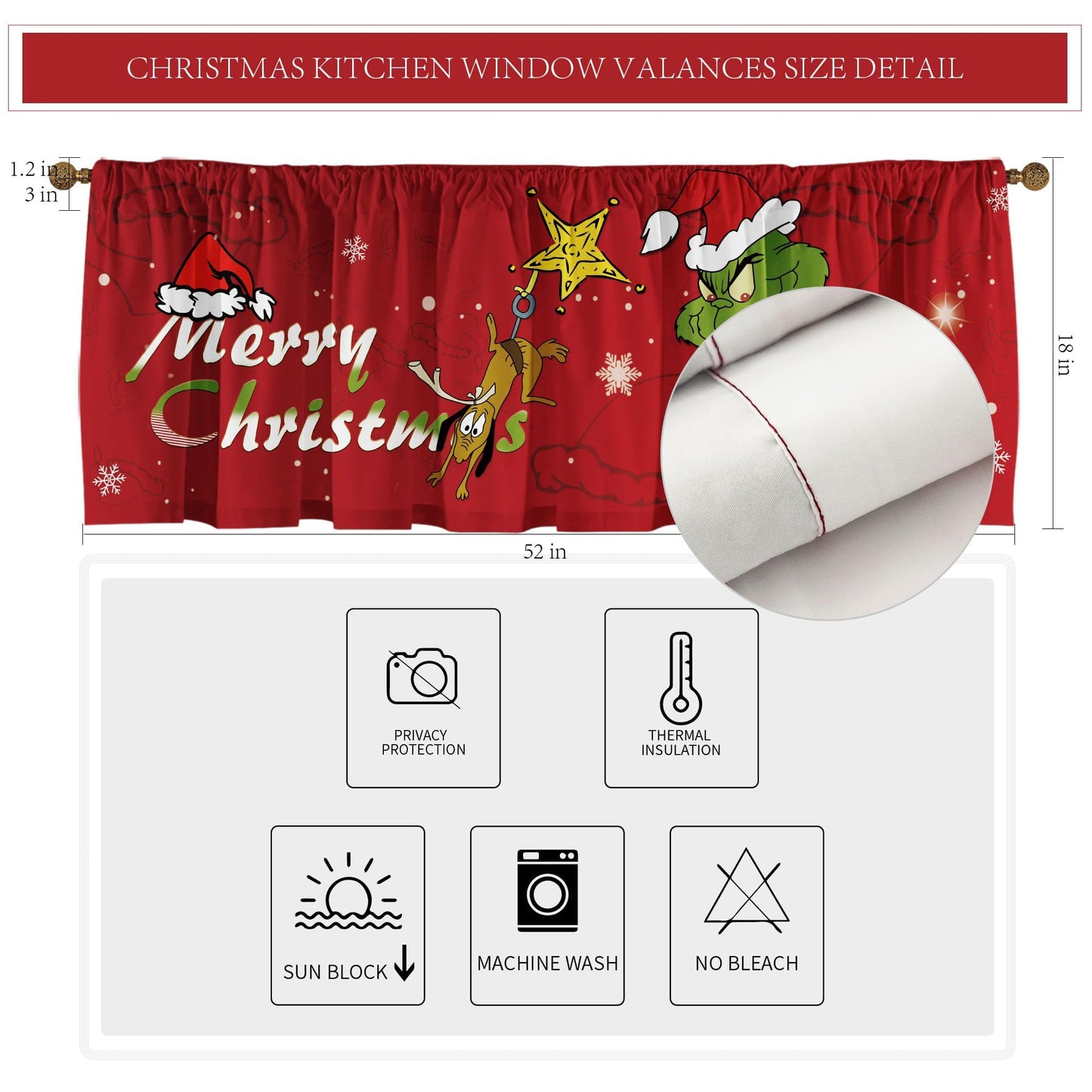 SUNWISHA Christmas Window Curtain Valances Decoration,Suitable for Living Rooms, Bedrooms, 52x18inch for Valance Kitchen Red