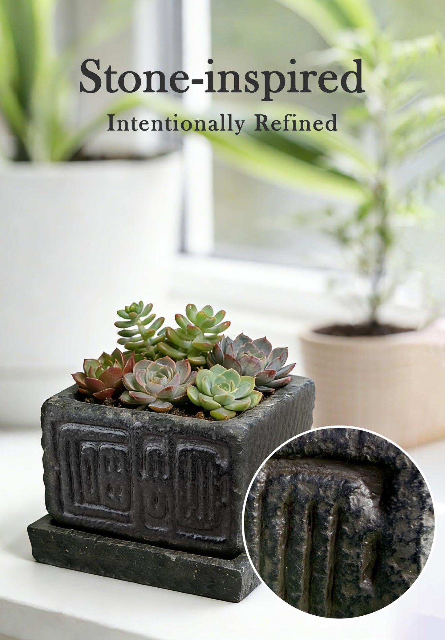Txjyuyy Small Succulent Pots - Stone Square Plant Pot for Indoor Plants - Rustic Decorative Mini Planter for Desk, Cactus, Bonsai and Farmhouse Home Decor