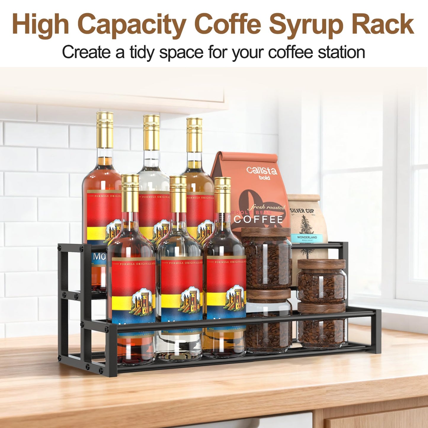 HHOKEM Expandable Coffee Syrup Organizer, Heavy Duty Syrup Rack Enlarged 6-12 Bottles Syrup Stand for Coffee Bar Accessories, Width Adjustable Space-Saving Storage Coffee Rack for Syrup, Wine