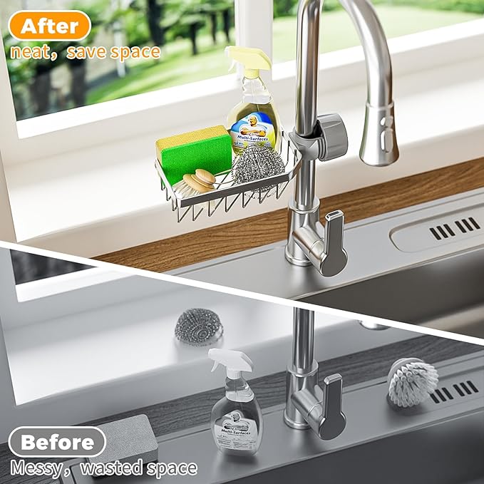 LONIN Stainless Steel Kitchen Sink Organizer Caddy – Over Faucet Sponge & Brush