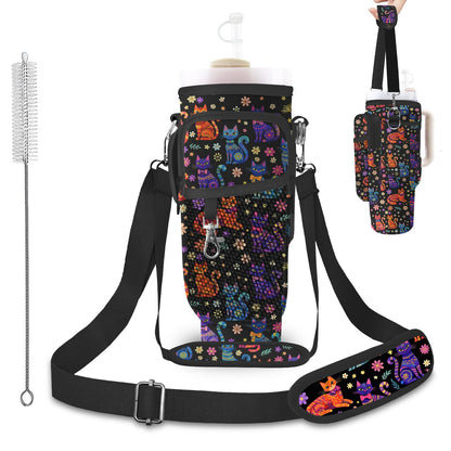 WOHAXAHOW Cat Stanley Water Bottle Bag with Adsjust Strap for 30/40 Oz Tumbler, Water Bottle Carrier with 3 Pockets, Cleaning Brush & Straw Cover, Stanley Cup Carrier Bag for Walking, Gym, Yoga