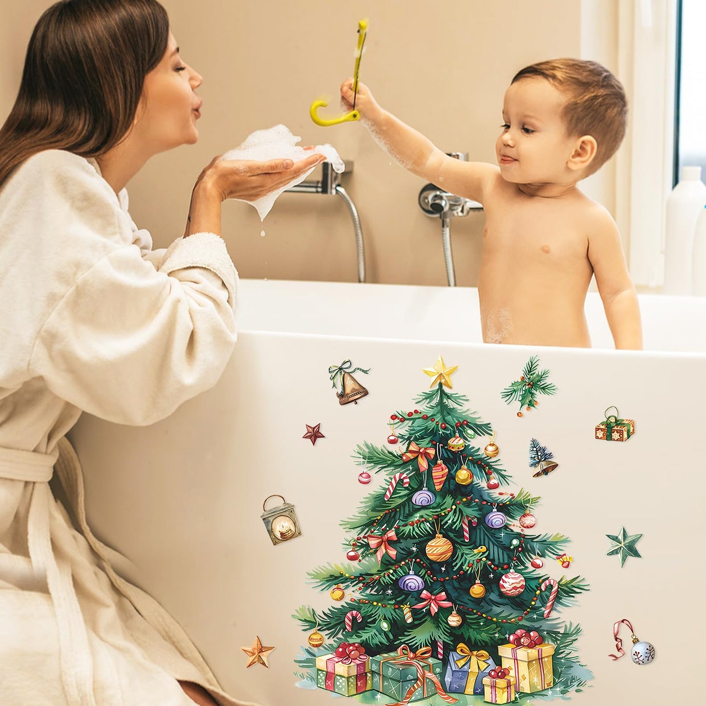 MeyRolizn Merry Christmas Tree Wall Decal, Christmas Window Clings Wall Decals Peel and Stick, Christmas Decorations Wall Stickers for Winter Room Kitchen Bathroom Party Holiday Decor (Green)