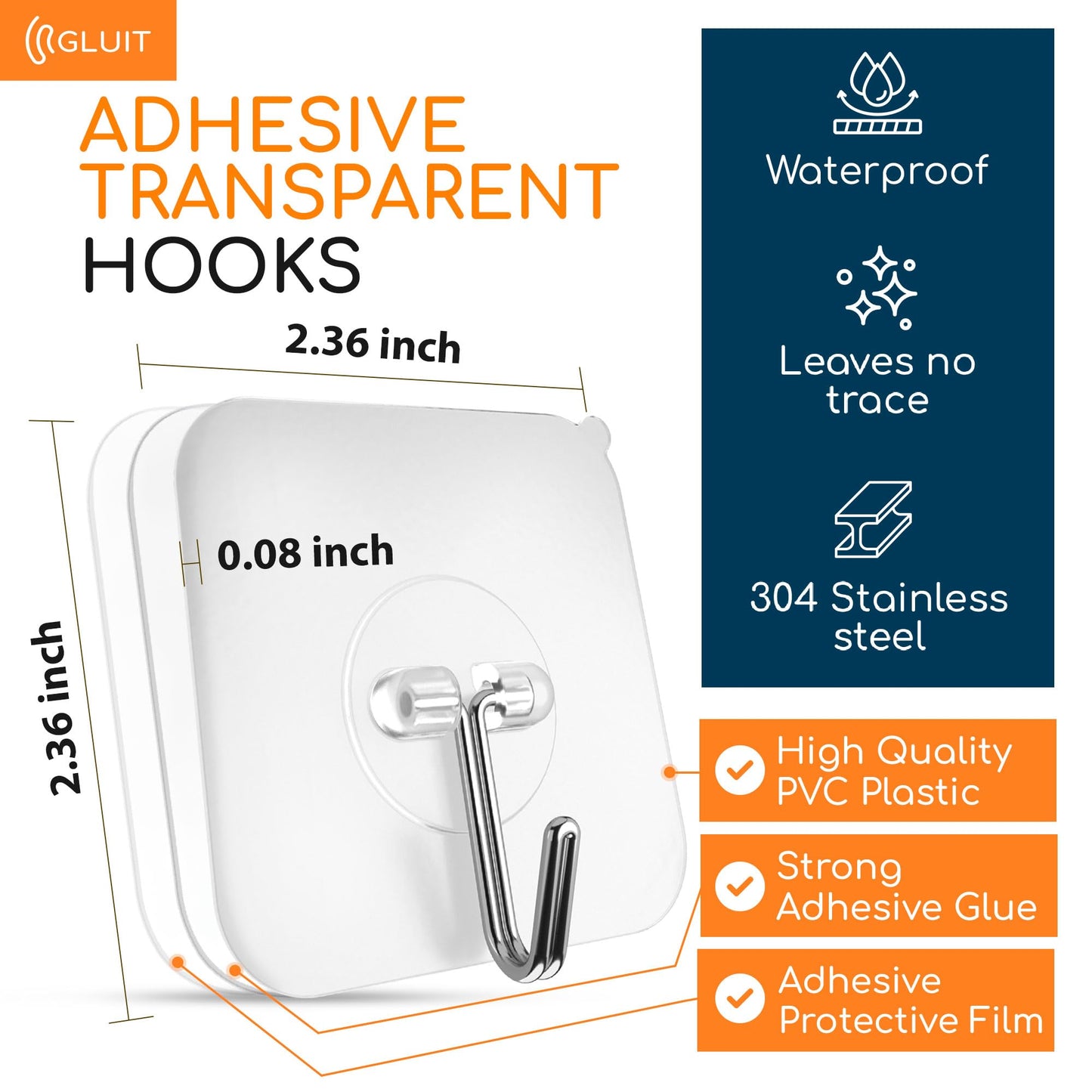 GLUIT Adhesive Wall Hooks for Hanging Heavy Duty 22 lbs Hooks for Walls No Drill, Towel Sticky Clear Hook, Waterproof, Home, Bathroom, Kitchen, Office, and Outdoor 12 Pack