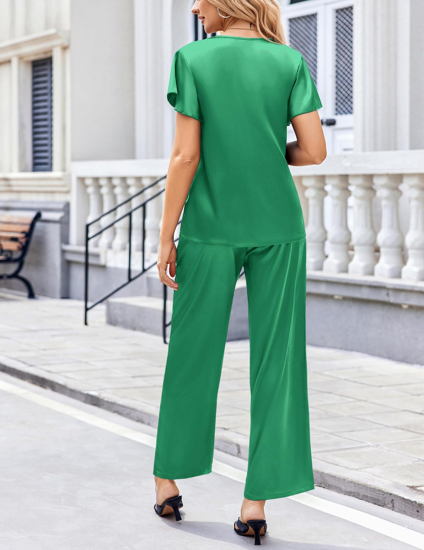 Ekouaer Women's Satin Silky Pajama Set 2 Piece Short Sleeve Shirt with Long Pants Pjs Sets Soft PJ Loungewear S-XXL