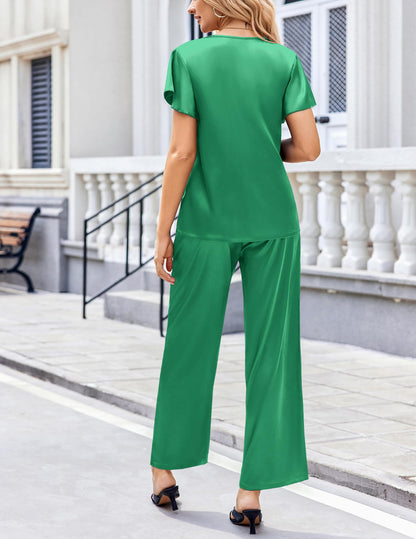 Ekouaer Women's Satin Silky Pajama Set 2 Piece Short Sleeve Shirt with Long Pants Pjs Sets Soft PJ Loungewear S-XXL