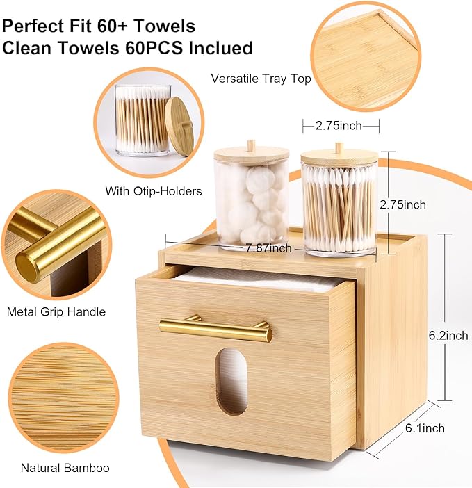Face Towels Holder with 60 XL Towels, Disposable Towelettes Bamboo Box Cotton