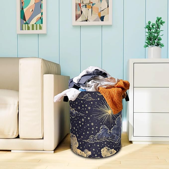 Beautiful Sun Stars Moon Laundry Basket Oxford Cloth Clouds Laundry Hamper