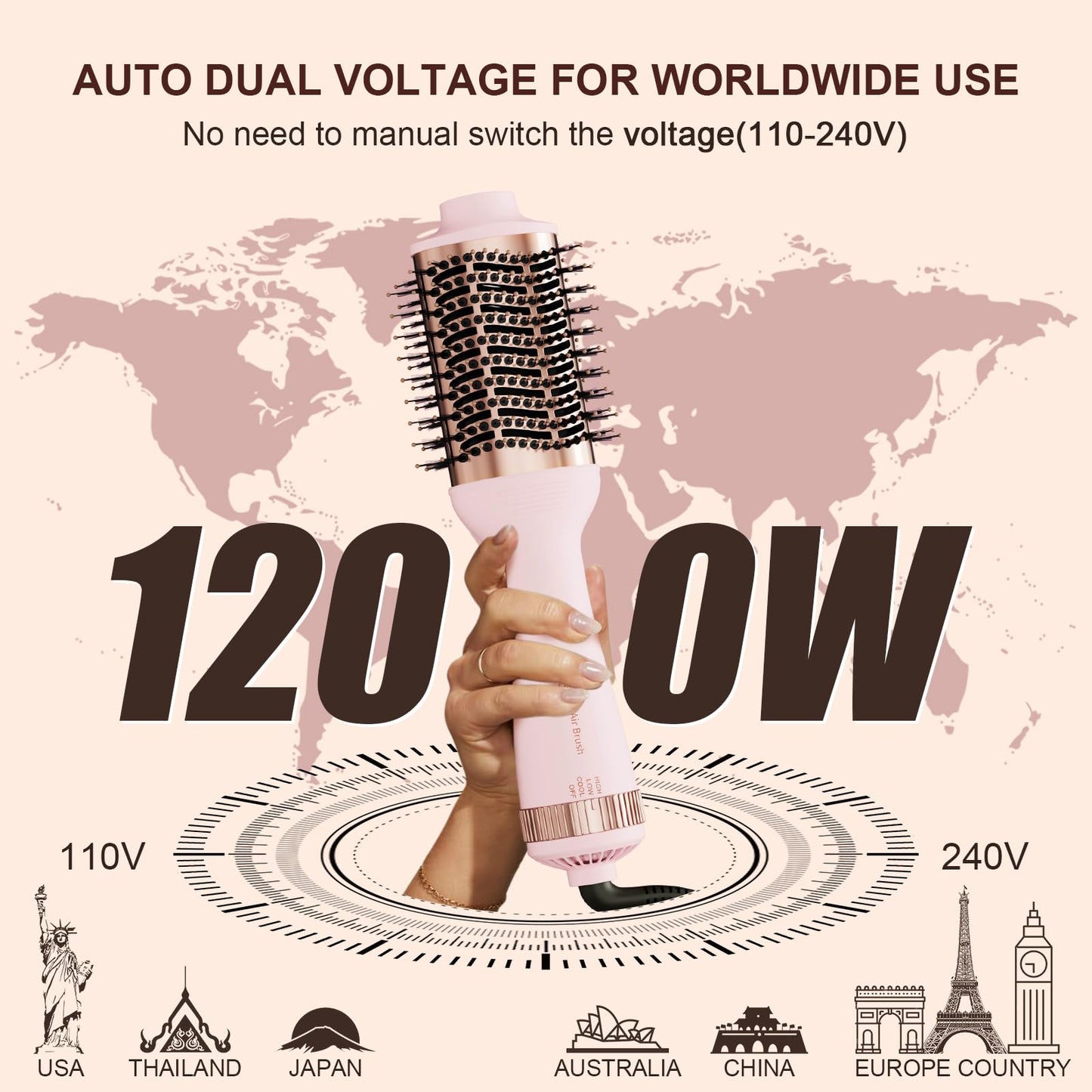 110-240V Travel Brush Hair Dryer, Small Hair Straightener Brush with European Plug Adapter for International Travel, 4 in 1 Hot Air Styler & Dryer for Drying Straightening Curling Volumizing