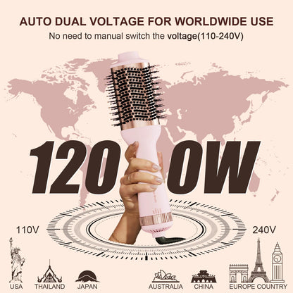 110-240V Travel Brush Hair Dryer, Small Hair Straightener Brush with European Plug Adapter for International Travel, 4 in 1 Hot Air Styler & Dryer for Drying Straightening Curling Volumizing