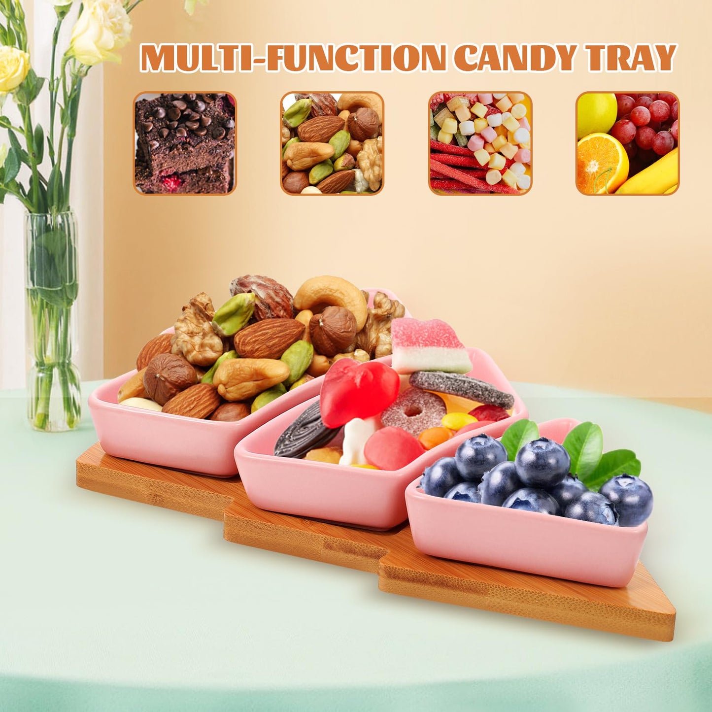 DOITOOL Christmas Tree Ceramic Dish with Wooden Tree Tray, 10.39 in Christmas Tree Shape Serving Tray Platter Set, Festive Tableware for Candy Snacks Fruit Cookie, Holiday Party Supplies (Pink)