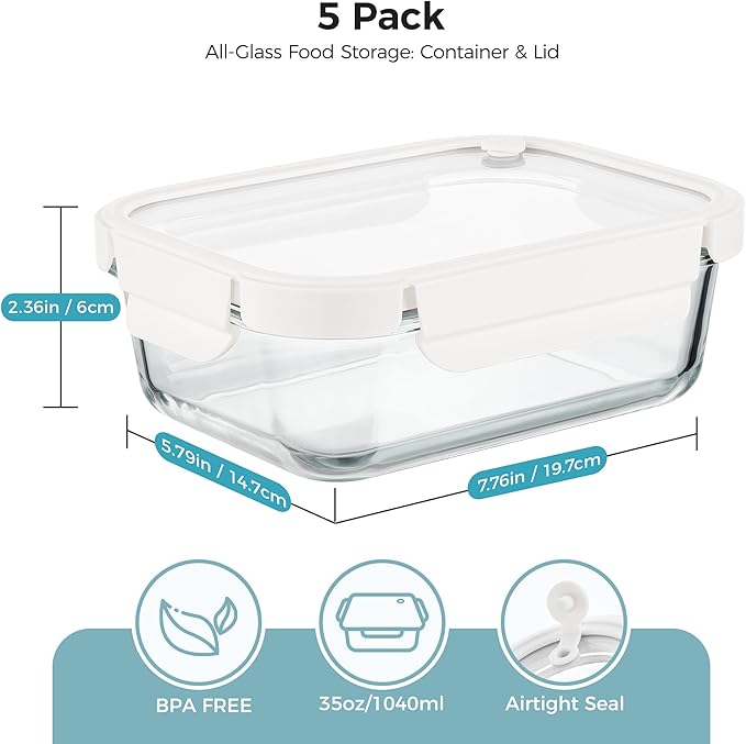 Vtopmart 5 Pack 35oz Glass Food Containers