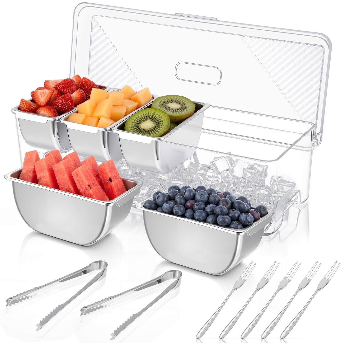 Large Ice Chilled Condiment Server Caddy with 5 Stainless Steel Removable Compartments, Clear Plastic Garnish Tray with Lid, 5 Forks and 2 Tongs, Fruit, Salad, Taco, Bar Platter for Party Bar Supplies