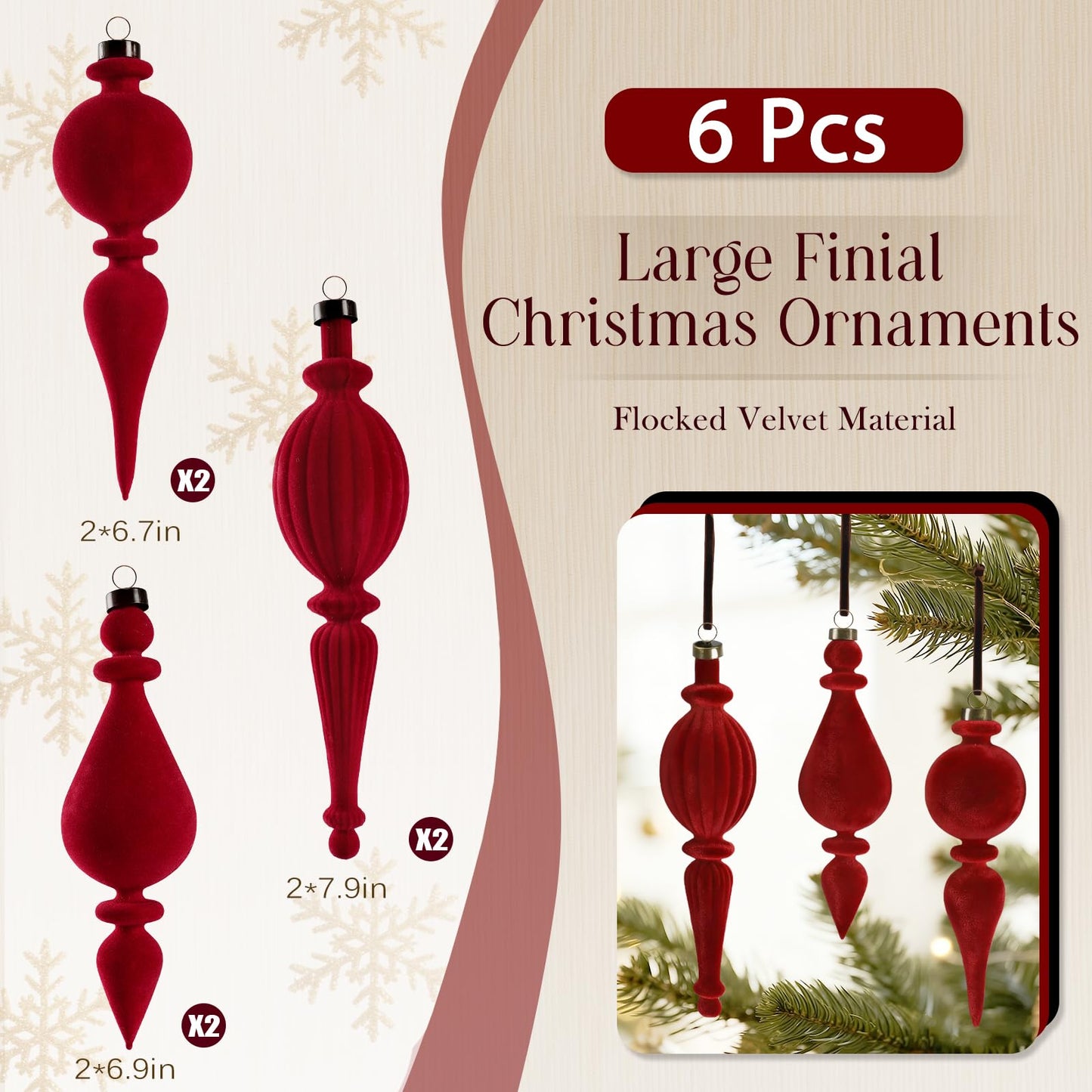 6 Pcs Red Velvet Finial Christmas Tree Ornaments - Velvet Pendants Shatterproof Flocked Christmas Hanging Ball Ornaments Hanging Neutral Decorations for Xmas Tree Winter Holiday Decorations