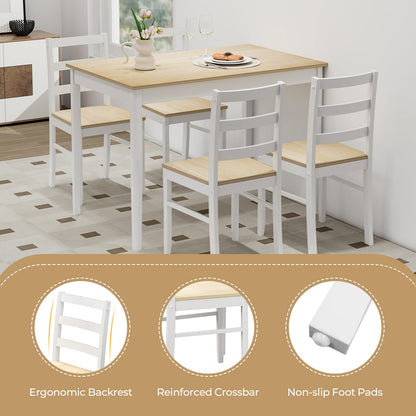Tangkula Dining Table Set for 4, Solid Wood, Farmhouse Dinette Set w/Rubber Wood Legs, Compact Dining Table and Chairs Set for Kitchen, Dining Room (Natural+White)