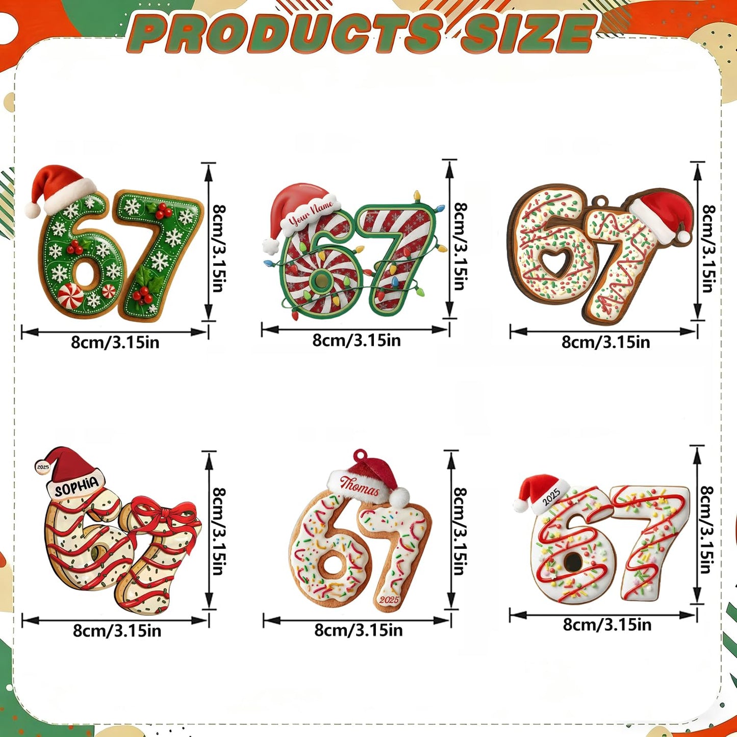 67 Christmas Tree Decoration,6Pcs Fun 67 Christmas Ornament, Cute 67 Ornament Xmas Tree Accessories Christmas Pendants Hanging, Santa Hat Cane Candy Christmas Ornament