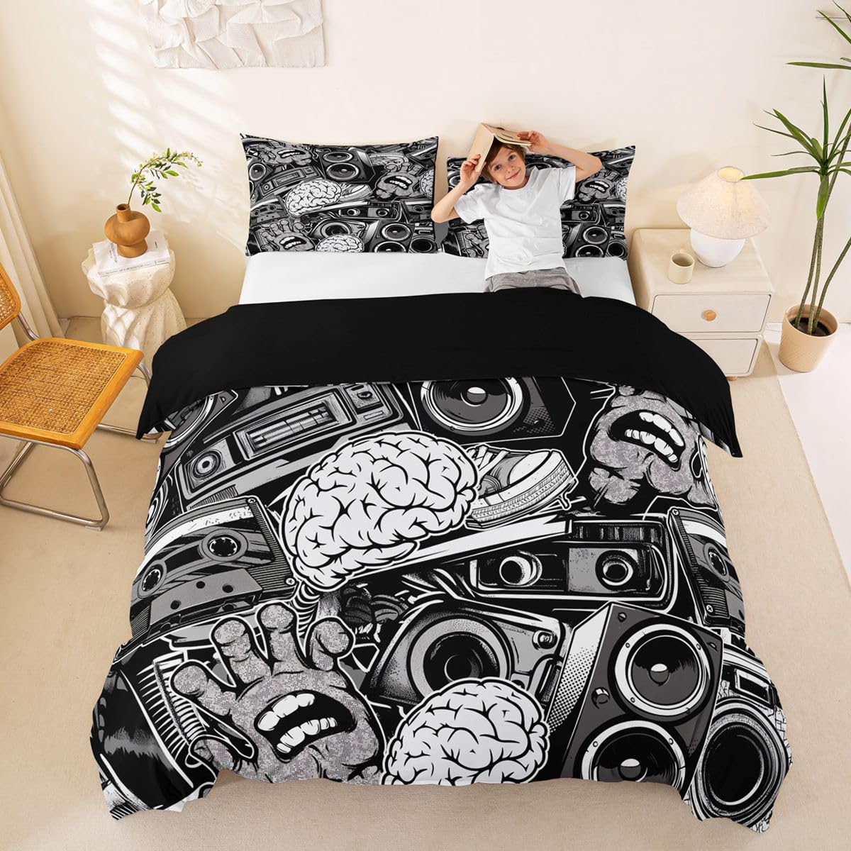 Feelyou Graffiti Bedding Set for Teens Boys Full Rock Music Theme Duvet Cover Set Hip Hop Comforter Cover Set Kids Teenage Street Art Quilt Cover Hippie Room Decor Bedding with 2 Pillow Shams (3Pcs)