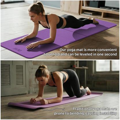 Foldable Yoga Mat (12mm) Exercise Mats for Home Workout,Comfortable and Durable,Thick-Portable Folding Mat,Non Slip,Pilates Mat Thick,Outdoor Use,Meditation,Travel,Camping（71"x24" x0.47"） (Purple+ Black)