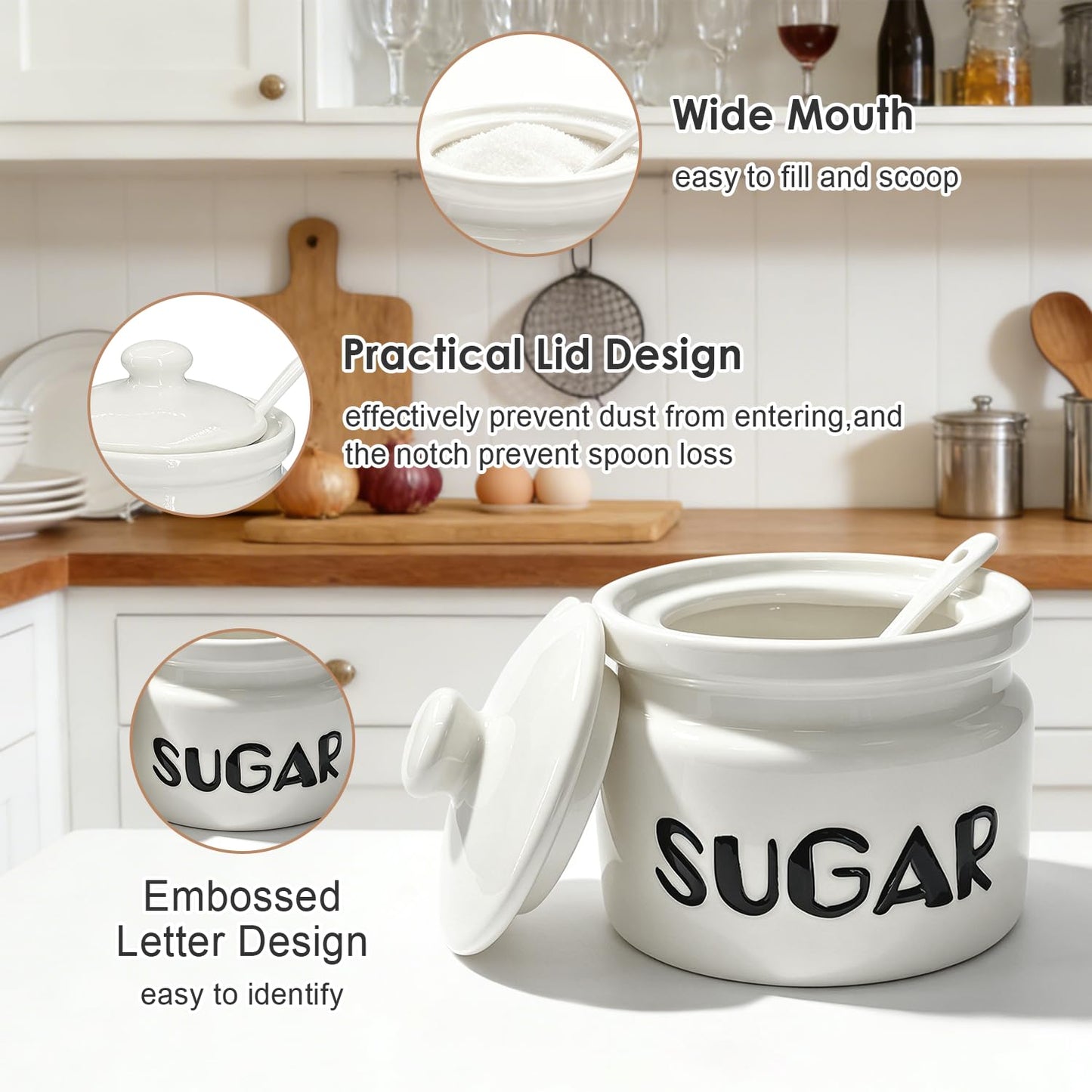 Obantrsz Sugar Bowl with Lid and Spoon, 10oz Ceramic Sugar Container Jar - Modern Farmhouse Style with Black Embossed Lettering for Coffee Bar, Tea Station, Kitchen Countertop & Dining Table Decor