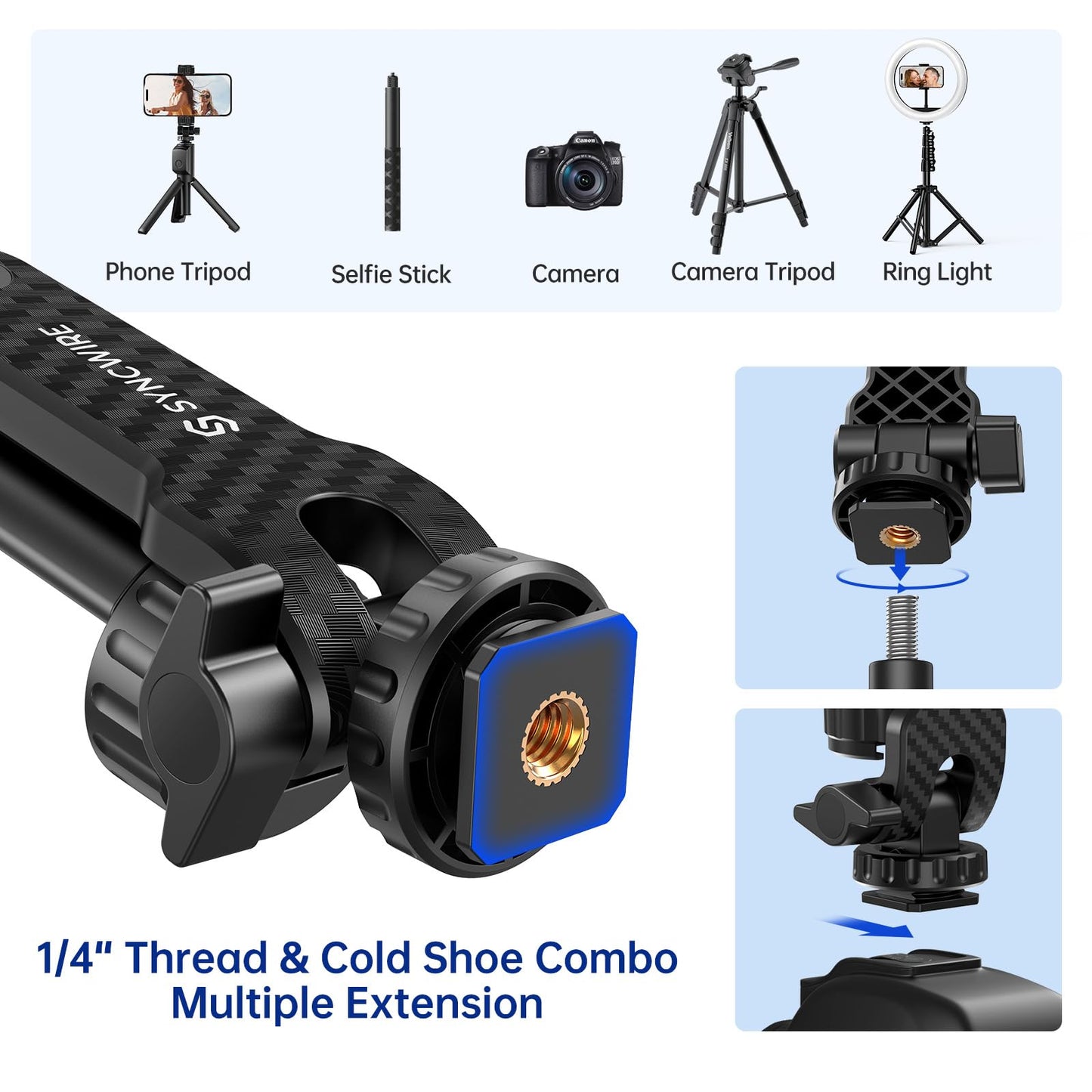 SYNCWIRE Tripod Phone Mount, Universal Smartphone Mount Adapter with 2 Cold Shoe and 1/4" Screw, 360° Rotates and 180° Tilts Adjustable Cell Phone Clamp Holder for Enhancing Mobile Photography Setup
