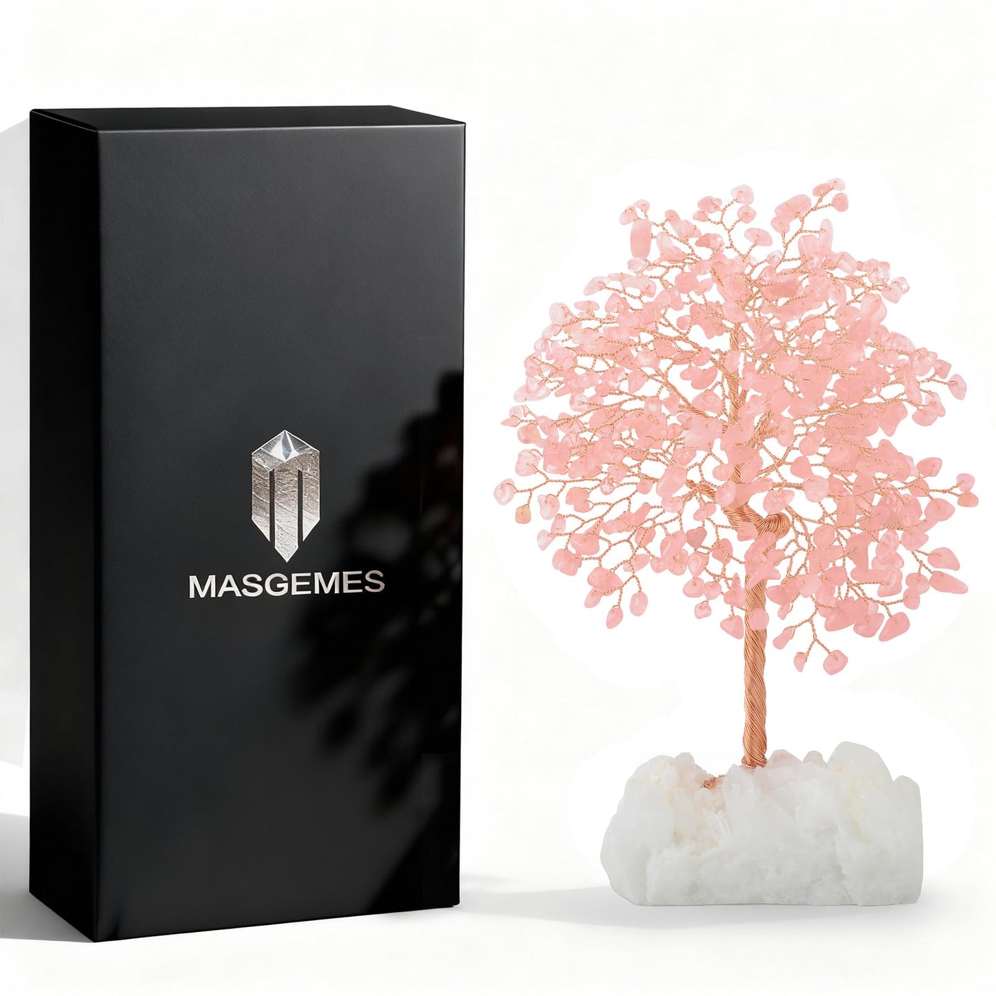 MASGEMES Gemstone Crystal Tree of Life,Natural Rose Quartz (406 Stones) with Clear Quartz Base,Chakra Balancing Positive Energy Feng Shui Home Decor Bonsai Money Tree,Birthday Gift 8.5"-9"