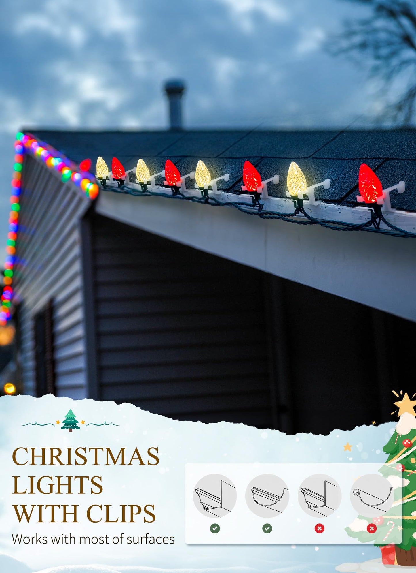 C9 LED Christmas Lights Outdoor, 68 Ft 100 LED C9 String Lights with 100 All in One Clips, Connectable Waterproof Christmas Tree Lights for Outside Roofline Backyard Garden Decor, Red & Warm White