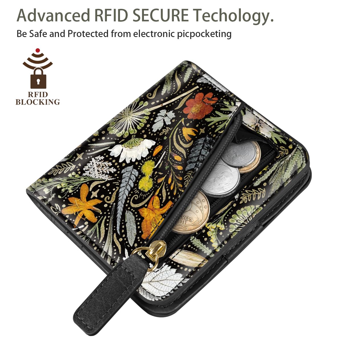 Simikol Womens Small RFID Blocking Wallet Compact Bifold Pocket Cute Credit Card Holder Leather Coin Slot Ladies Mini Purse with ID Window, Dried Flowers
