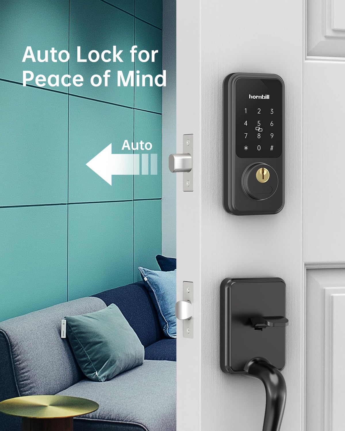 Keyless Entry Door Lock with Handles, Hornbill Smart Front Door Lock Set, Alexa Front Exterior Door Set, Digital Touchscreen via Bluetooth APP/Keyfob/Key-Matte Black(Not Compatible Gram/Screen Door)