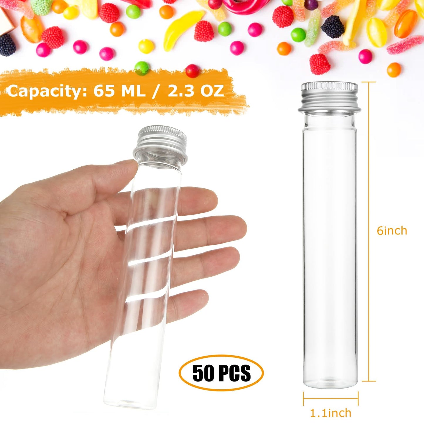 Oungy 50 Pack 65ML Plastic Test Tubes with Screw Caps Plastic Candy Tubes Clear Bath Salt Tubes Gumball Tubes Container Vials for Candy Bath Salts Spices Party Favors