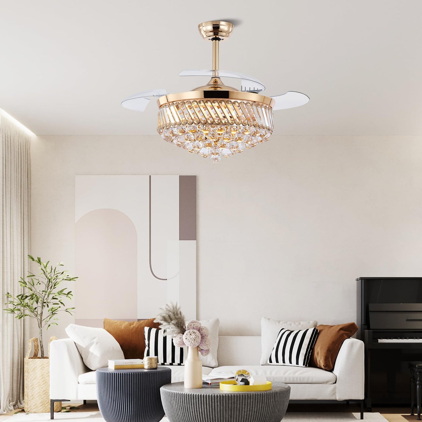 Asyko 48" Golden Crystal Ceiling Fans with Lights and Remote and APP, Modern Retractable Blades Ceiling Fan with 3 CCT for Living Room,Dining Room, Kitchen, Reversible