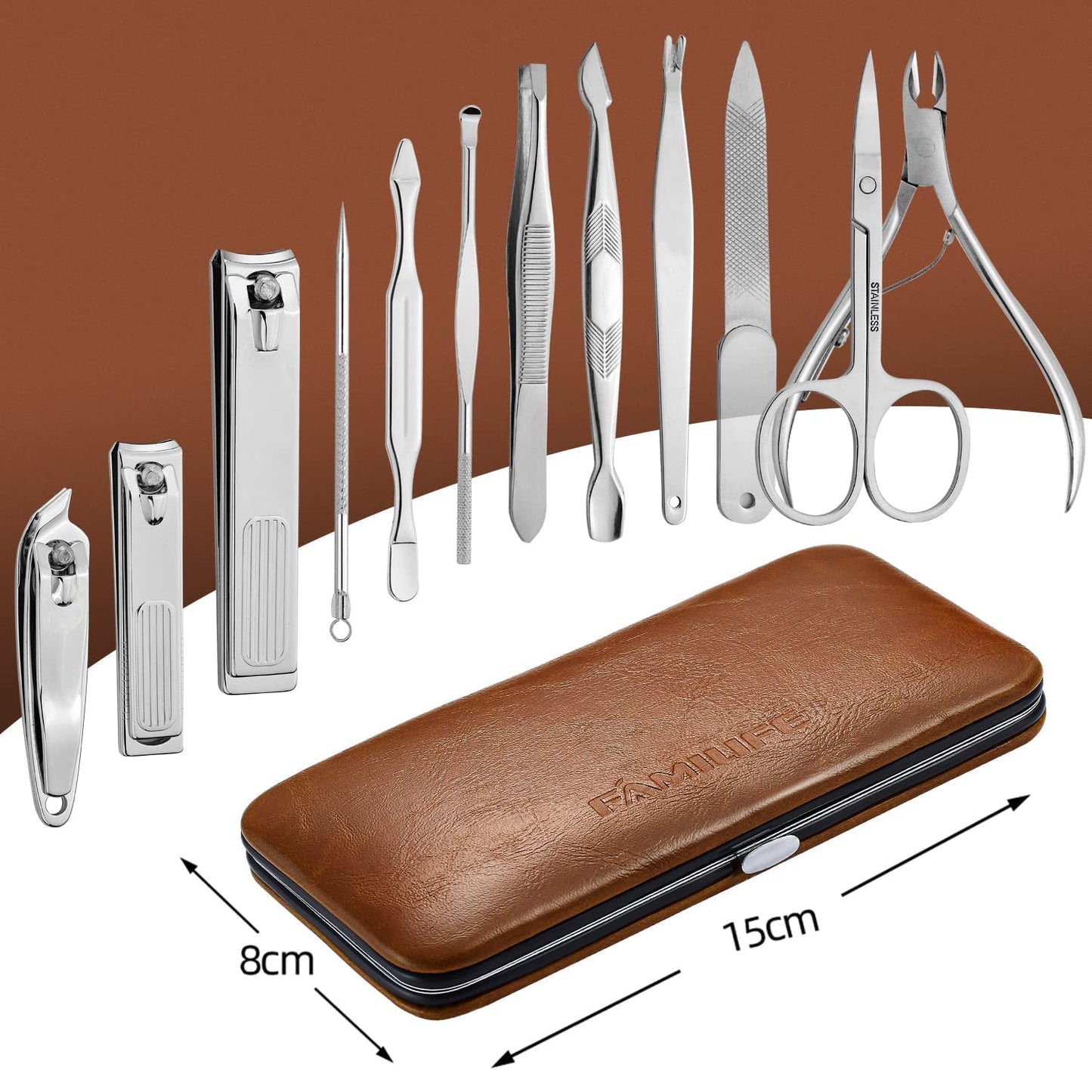 FAMILIFE Manicure Set, Nail Professional Kit Manicure Kits Nail Clipper Sets, 13PCS Stainless Steel Pedicure Sets Mens Grooming Tool, with Brown Leather Travel Case for Men