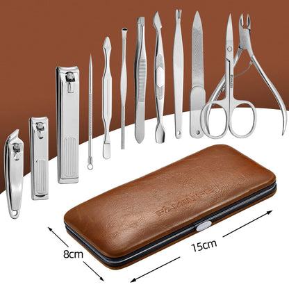 FAMILIFE Manicure Set, Nail Professional Kit Manicure Kits Nail Clipper Sets, 13PCS Stainless Steel Pedicure Sets Mens Grooming Tool, with Brown Leather Travel Case for Men