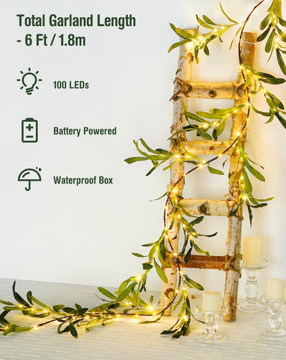 JMEXSUSS Artificial Olive Lighted Garland for Fireplace Decor, 100 LED 6 Ft Christmas Mantel Garland Fairy Lights Battery Operated, Vines with Lights for Table Bedroom Wedding Easter Spring Decoration