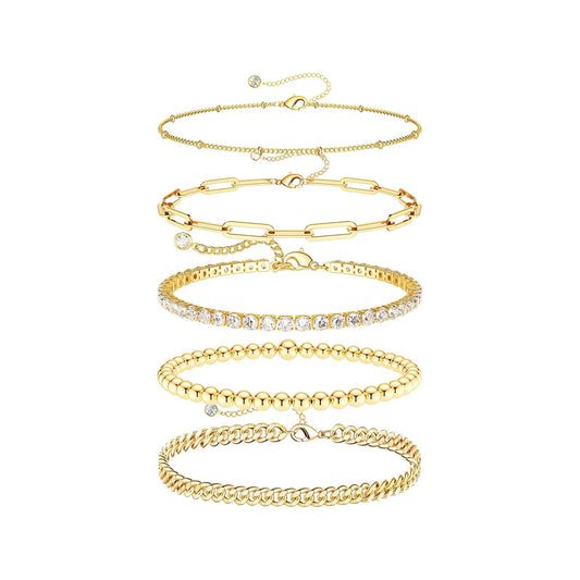 DEARMAY 14K Gold Plated Bracelets for Women Jewelry Sets for Women Cute Tennis Beaded Bracelets Cuban Link Paperclip Chain Dainty Bracelet Pack Gifts
