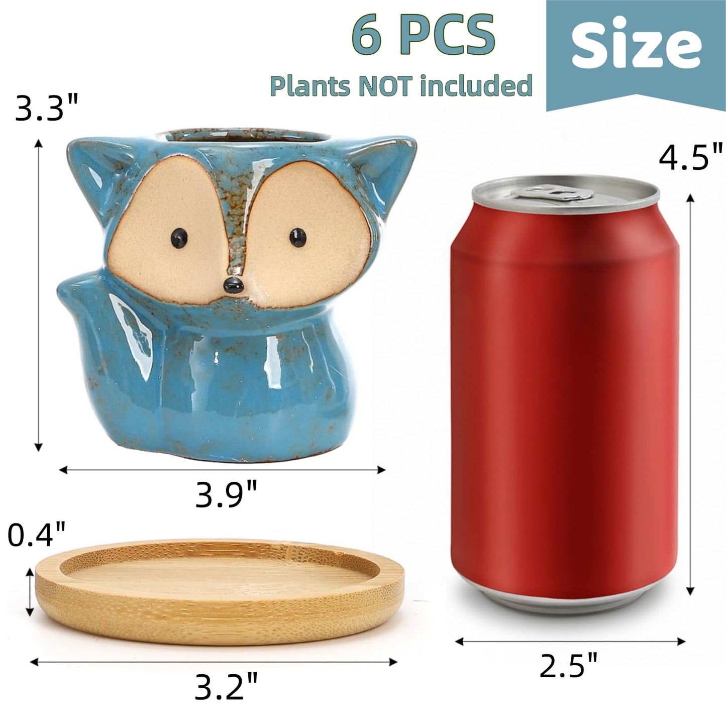 Dicunoy 6 Pack Mini Animal Succulent Planters with Bamboo Tray, 4" Ceramic Fox Flower Pots with Drainage Hole, Cute Cactus Planter for Indoor Plants, Home, Office, Window Decoration