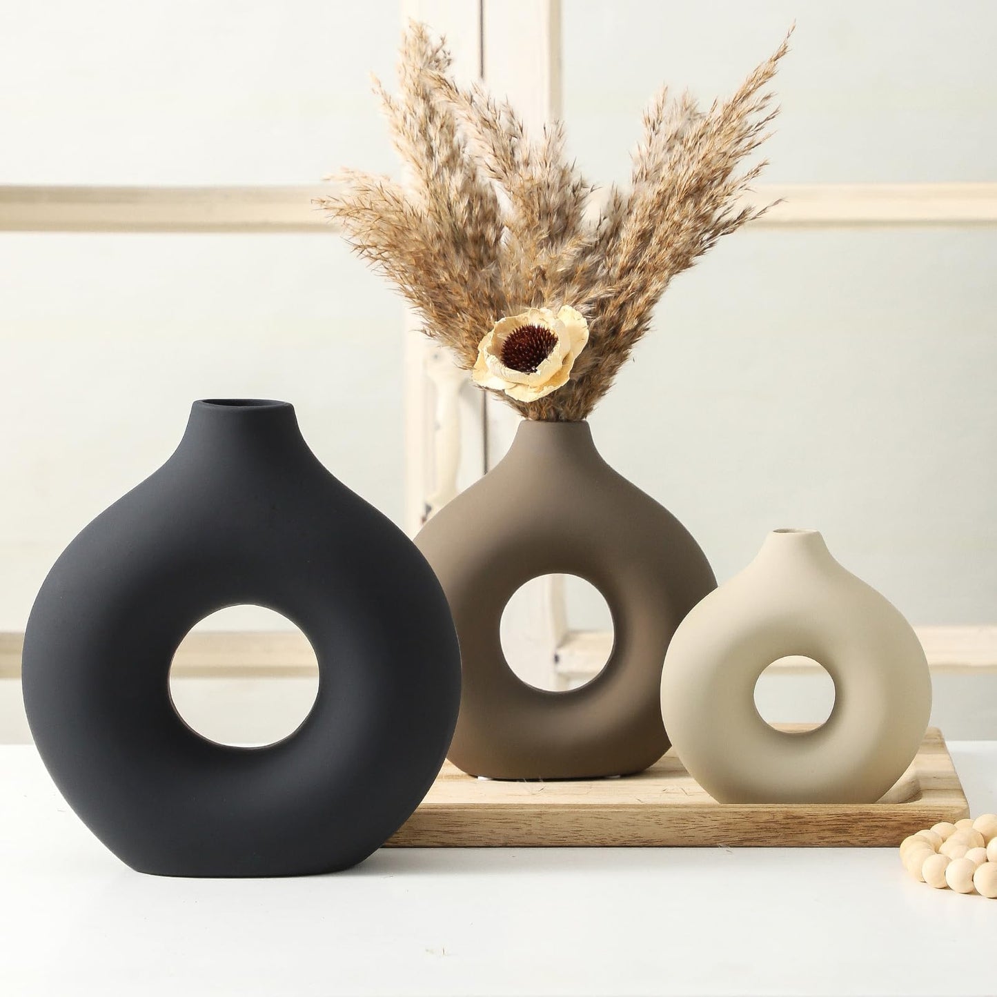 Vanselia Ceramic Vase Home Table Decor - Flower Vases Set of 3 Small Living Room Centerpiece Decorations for Shelf Bedroom Office Kitchen Dining Desk Modern Aesthetic Farmhouse Decorative (Classic)