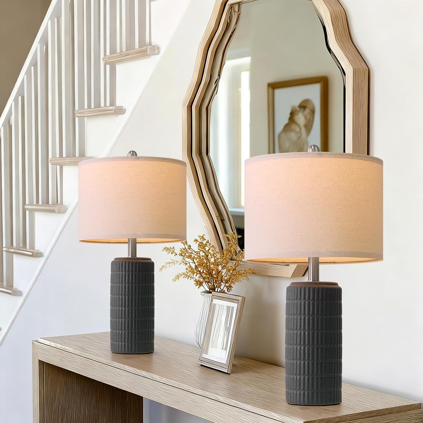 PoKat 23" Matte-Textured Ceramic Table Lamps Set of 2 for Bedroom, Stone-Like Modern Bedside Lamps for Night Stands, Farmhouse Nightstand Table Lamps Decor for Living Room End Table Black