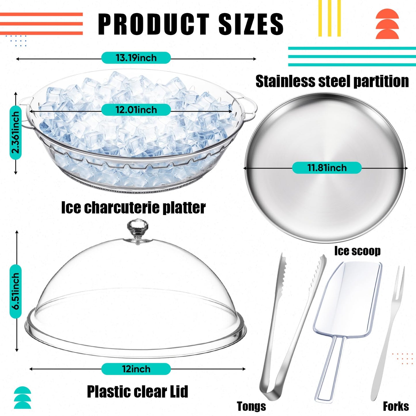 Baderke 11.8" Chilled Serving Tray for Parties with Compartments and lid Ice Chilled Party Platter Charcuterie Serving Board Cold Dish Dip for Fruit Seafood Vegetable Shrimp Cocktail(Silver,1 Pcs)