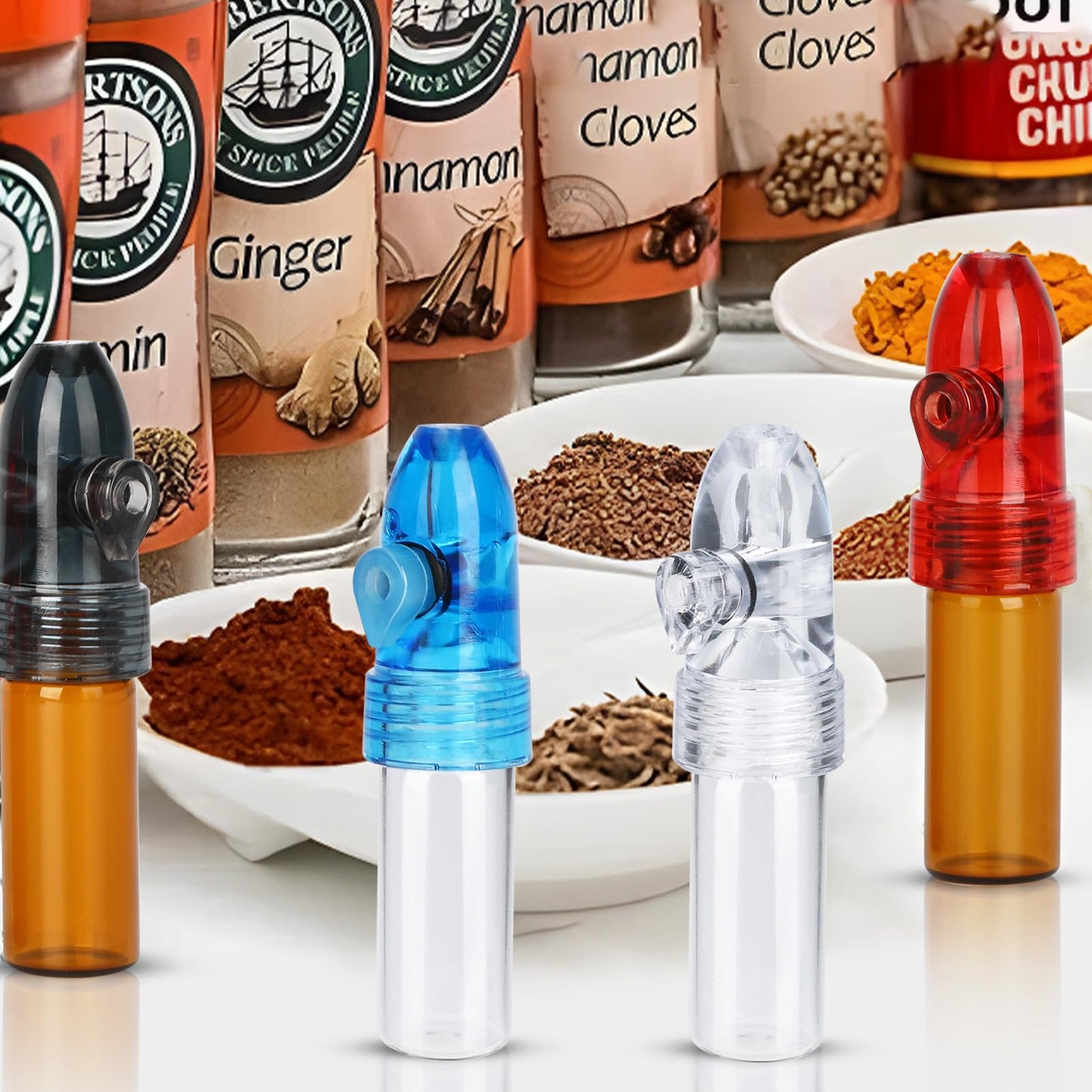 MGOJIJINN Portable Spice Dispenser, with Knob Switch Storage Bottle, Salt and Pepper Shakers (4 Pack),refillable Glass Bottle for Traveling