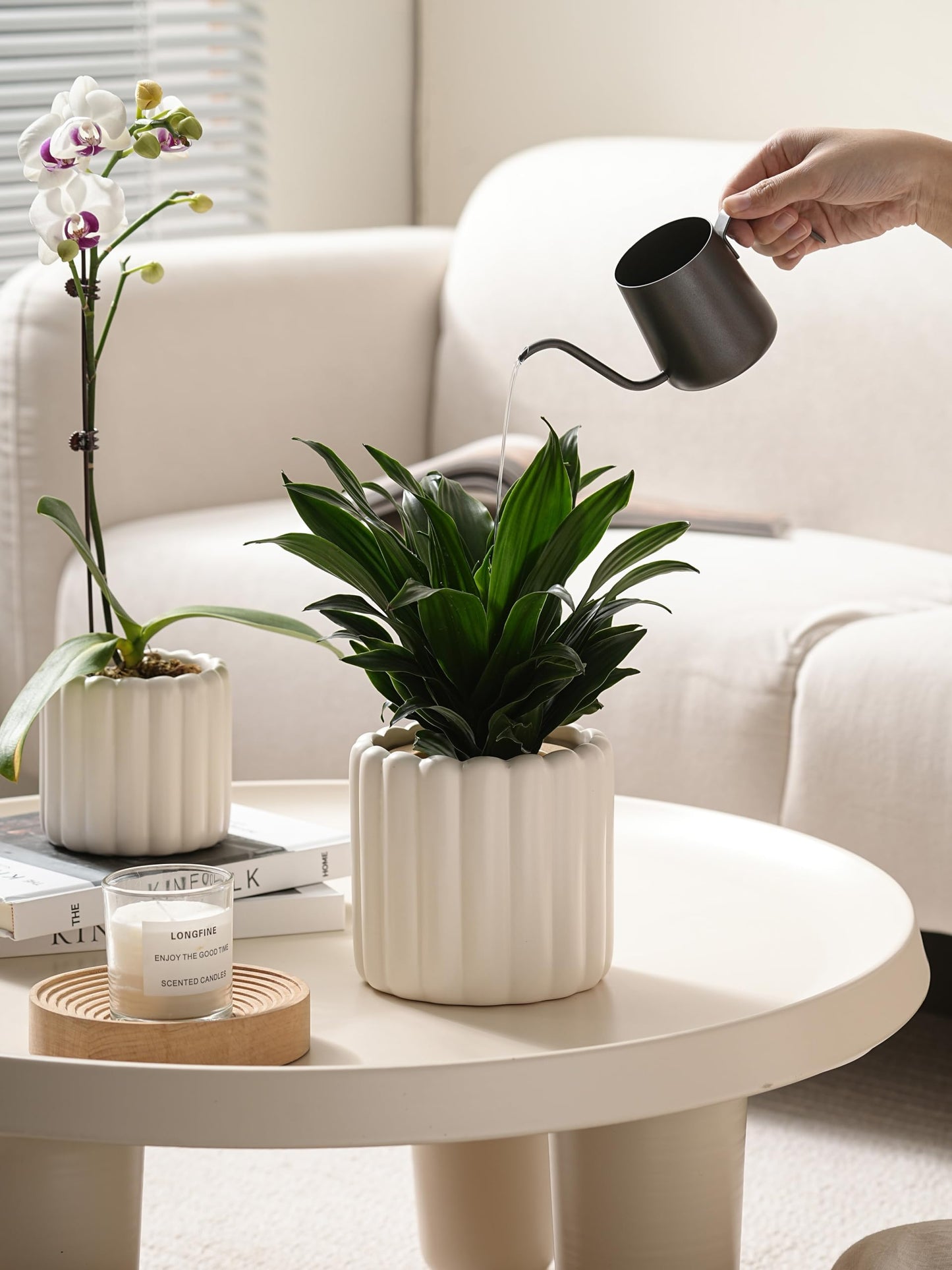 FUYHE Ceramic Plant Pots,6 inch+4.7 Inch Planter Pot with Drainage Holes,Ceramic Planters for Indoor Plants,Modern Flower Pots for Indoor Outdoor Plants House & Office Décor,Cream White