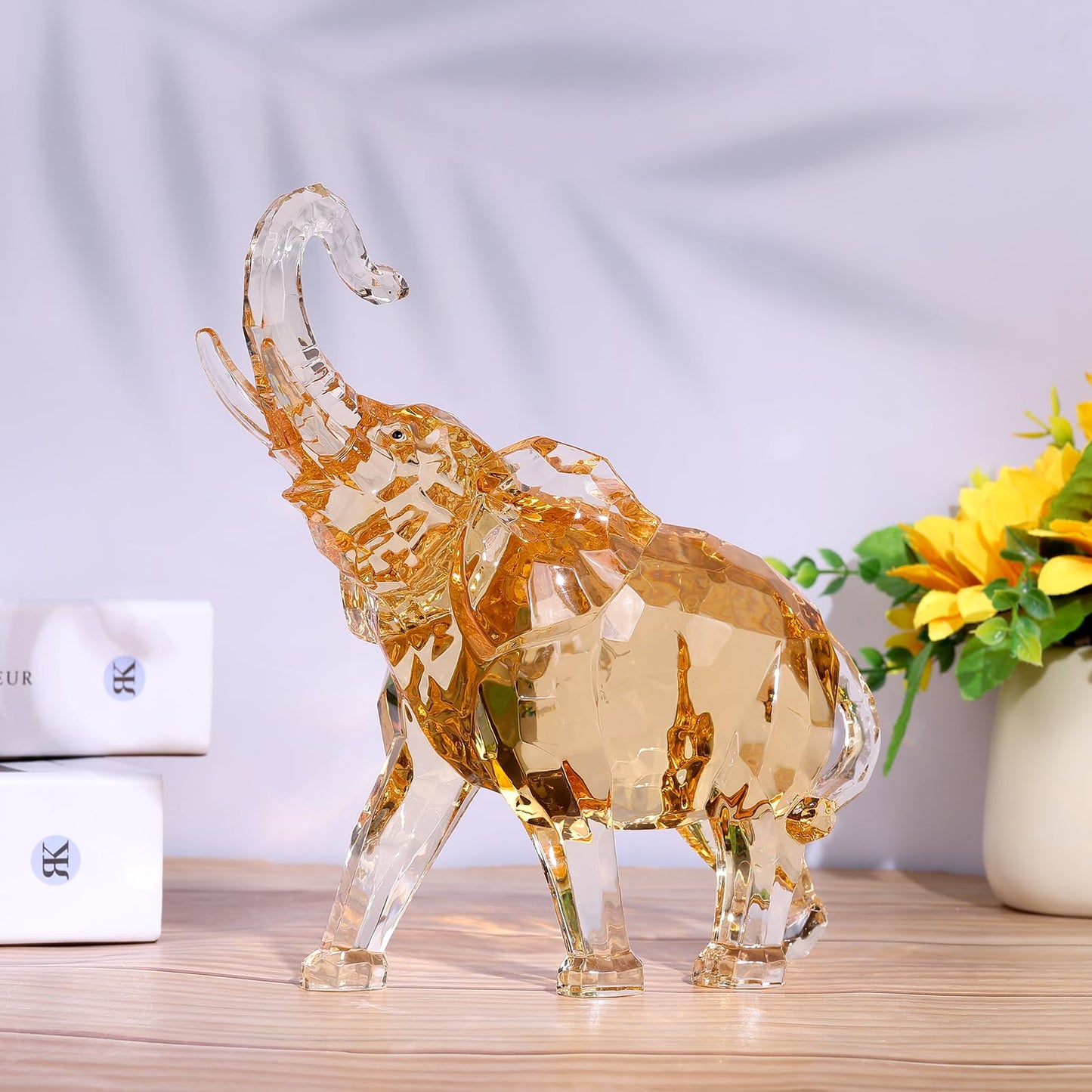 Acrylic Clear Elephant Figurines Crystal Glass Finish, High End African Statues for Home Decor, Elephants with Trunk up, Large Elephants Statue Sculpture,Office Feng Shui Lucky Elephant Gifts