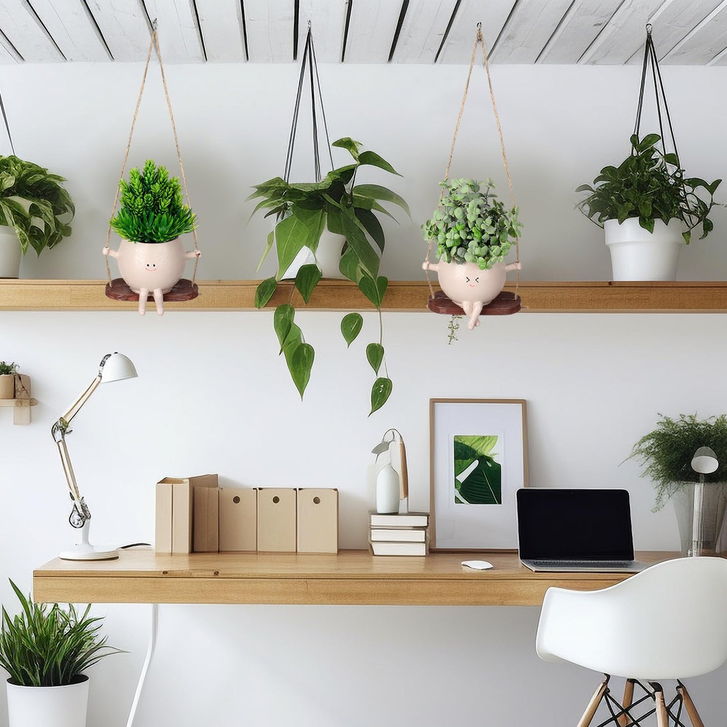 Suclain 2 Pcs Swinging Planter Pots Funny Planters Hanging Cute Planters for Women Gift Indoor Outdoor Resin Smile Faces with Drainage Holes Succulent Pot String of Pearls Plant Flower
