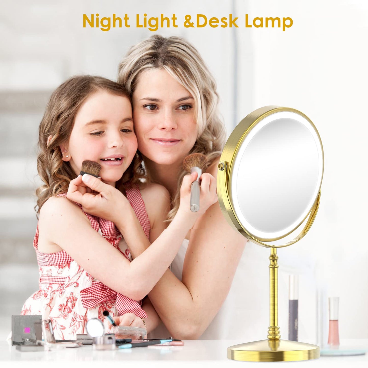 Lighted Makeup Mirror, 3000 mAh Rechargeable Double Sided Magnifying Vanity Mirror with 3 Colors, 1x/10x, 360° Rotation , Brightness Adjustable Magnification Cosmetic Light up Mirror, Women Gift