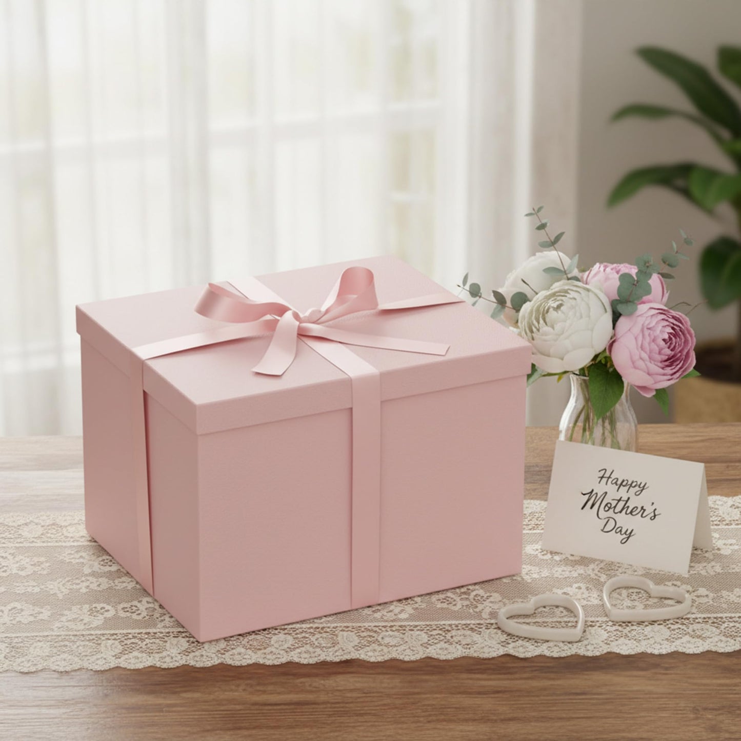 Rinrda Extra Large Gift Box,15x12x10 Inches,Pink Gift Boxes with Lids for Presents,10-inch Deep Box for Birthday Weddings Christmas Valentine's Day.Contains Card Ribbon Shredded paper.