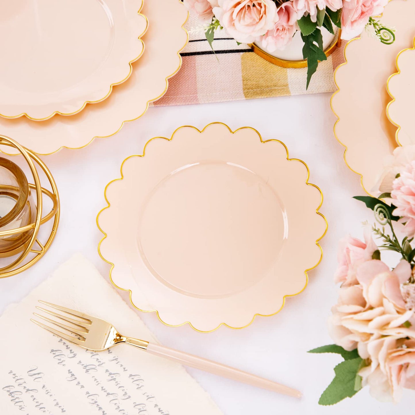 LIYH 60pcs Pink Plastic Plates with Gold Disposable Plates Includes: 30 Dinner 10.25" and 30 Dessert Plate 7.5" Gold Plastic Baby Shower Plate Set