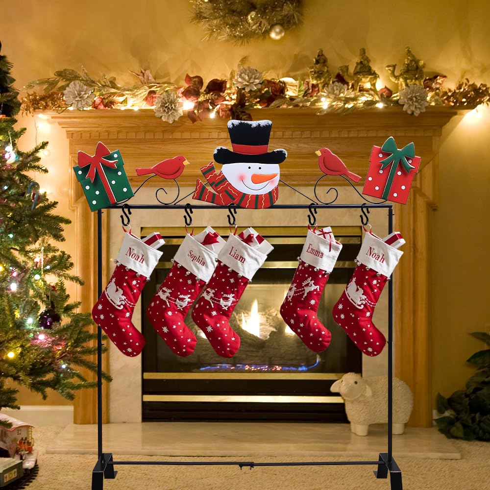 YEAHOME Christmas Stocking Holder Stand, Metal Freestanding Stocking Stand with Snowman Red Bird Xmas Gifts Box, 5 Hooks Stocking Hanger for Christmas Decorations Indoor Home Living Room Fireplace