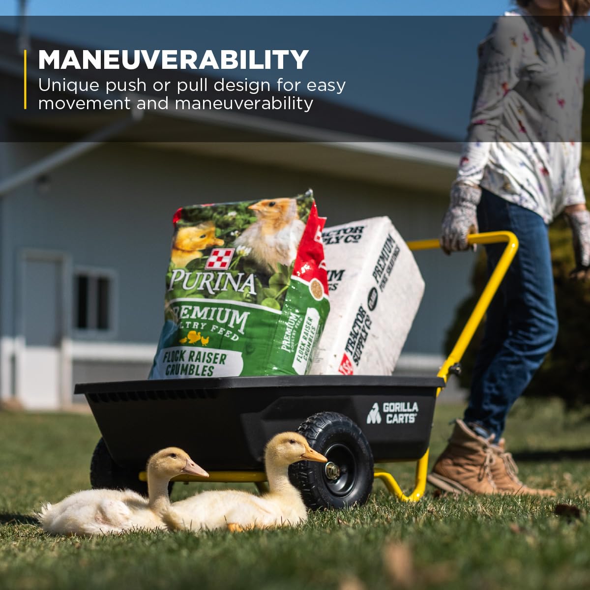 Gorilla Carts GCR-4 4 Cu. Ft Poly Yard Cart, 300-pound Capacity, Garden Cart with 30in x 24in impact-resistant poly bed and 10in pneumatic tires, Black/Yellow