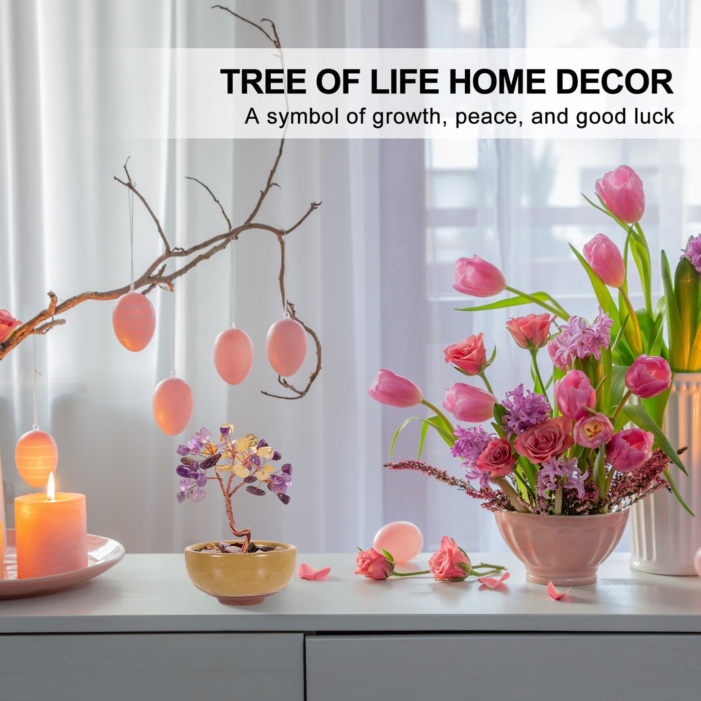 MECCANIXITY 7 Chakra Crystal Tree of Life, Natural Strawberry Crystal Gemstone Tree Handmade Feng Shui Bonsai with Agate Base for Positive Energy, Good Luck, Home Decor (4 x 2.4 Inch Pink)
